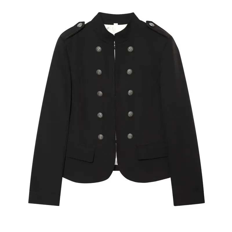 Damen Militärisch inspirierte Doppelreihige Kurzjacke mit Stehkragen und Epauletten Drune