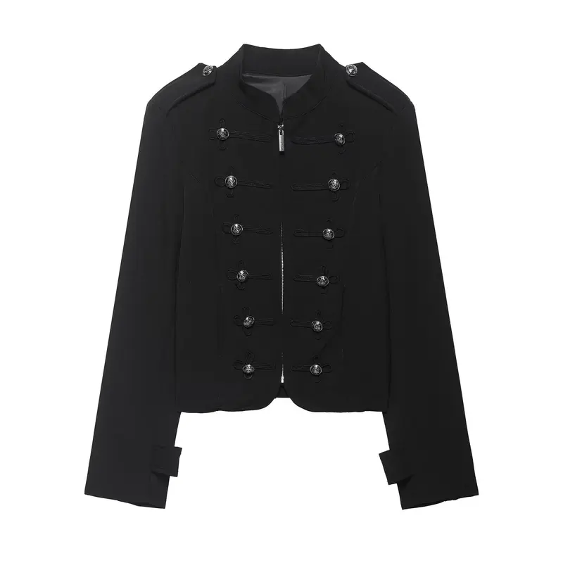 Damen Militärisch inspirierte Kurzjacke mit Stehkragen, Zierkordeln und Schulterklappen Drune