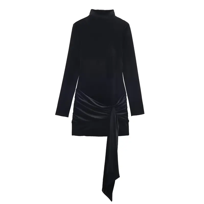 Damen Minikleid mit Rollkragen, langem Arm und seitlicher Drapé-Schleife Drune