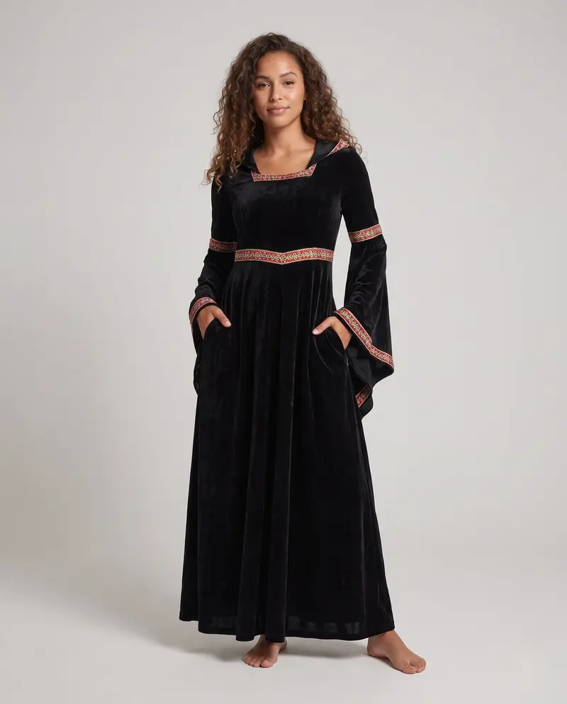 Damen Mittelalterliches Kostümkleid mit Kapuze und langen Ärmeln Drune