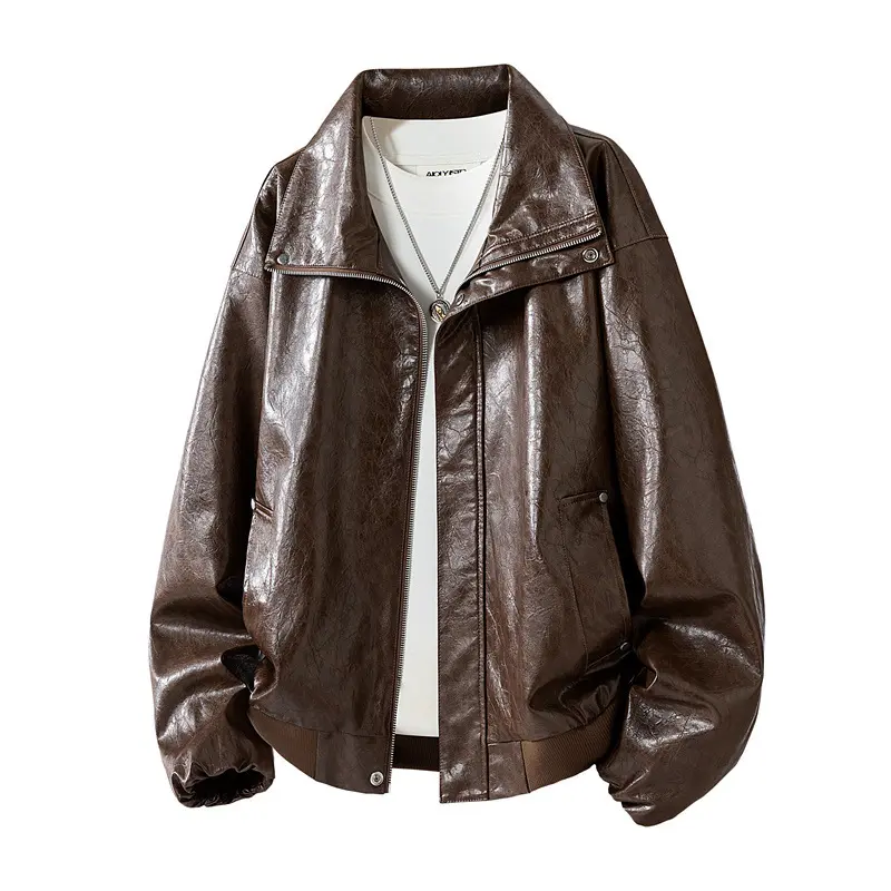Damen Modische Kunstlederjacke mit hohen Kragen Drune