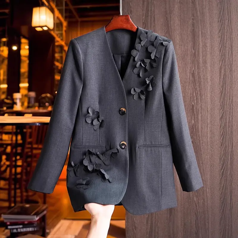 Damen Modischer Blazer mit 3D-Blüten-Details Drune