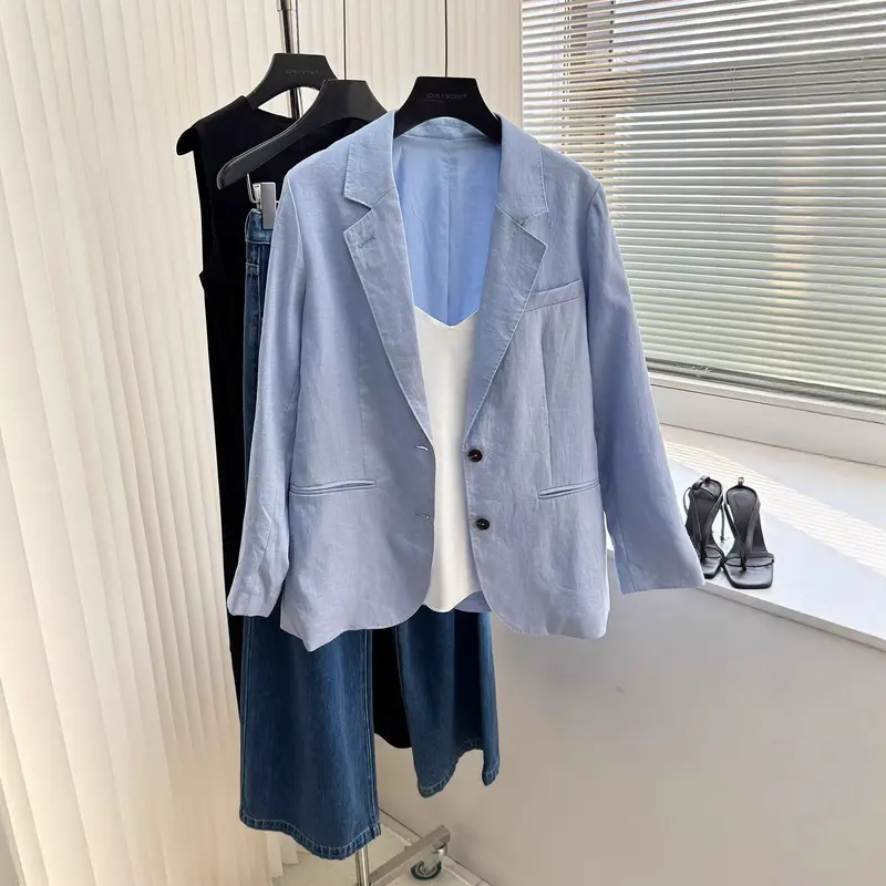 Damen Modischer Leinenblazer mit zwei Taschen Drune