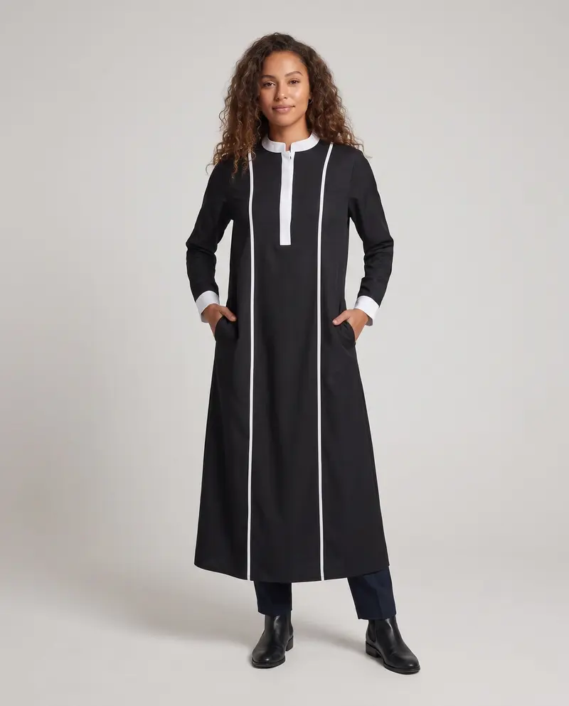 Damen Modischer Midi-Kleid mit charakteristischem Stehkragen und Kontrastdetails Drune