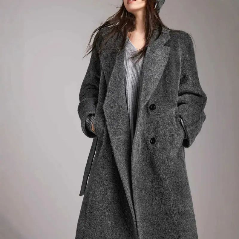 Damen Modischer und eleganter Bouclé-Mantel mit doppelter Knopfleiste Drune