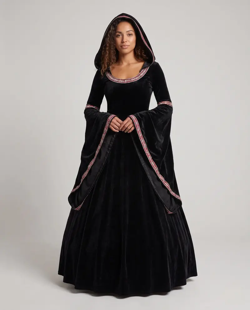 Damen Mystisches Hexenkleid mit Kapuze und weit ausgestellten Ärmeln Drune