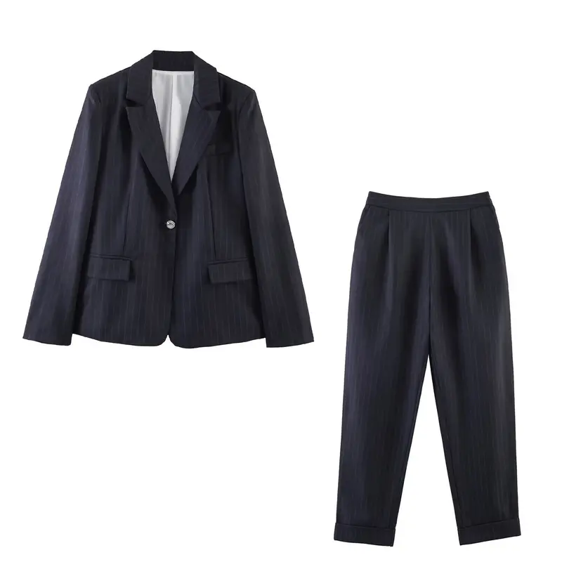Damen Nadelstreifen-Blazer mit Taillierungsnähten und Ein-Knopf-Verschluss Drune
