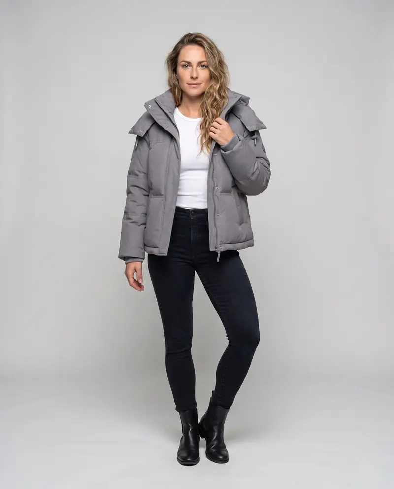 Damen Nan Boxy gepolsterte kurze gesteppte Anorak mit ergonomischer Kapuzenverzierung und extragroßen Klapptaschen