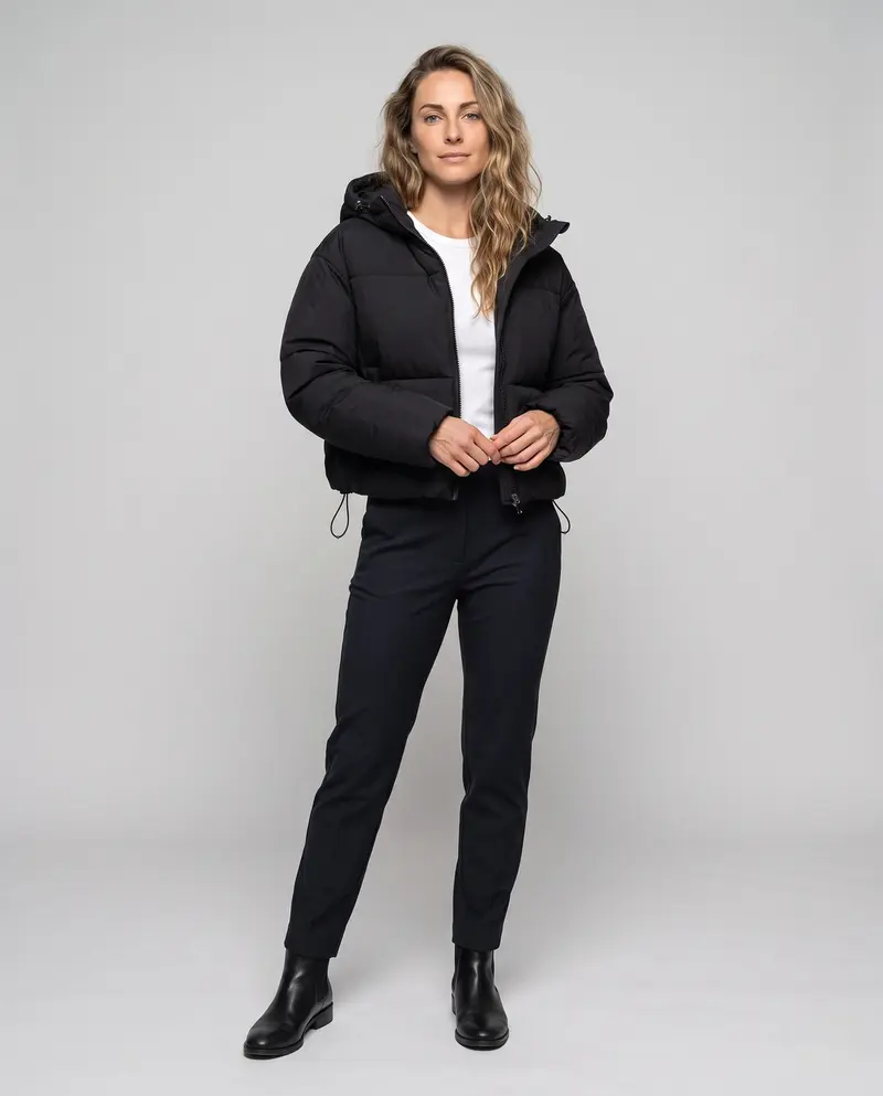 Damen nan Gekürzte Pufferjacke mit Kapuze, sichtbarem Metallback und verstellbarem Saum