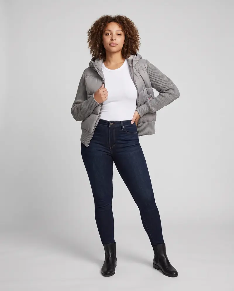 Damen Nan Hybrid Steppjacke mit gepolsterter Vorderseite, gestrickten Ärmeln und Kapuze