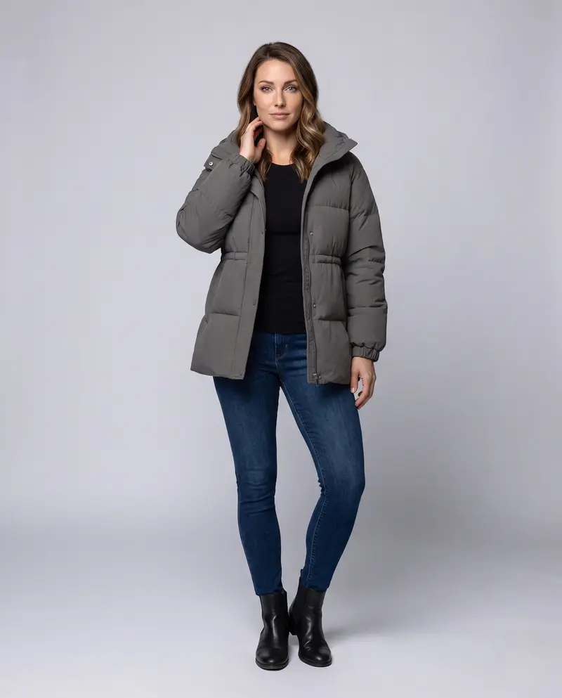 Damen Nan Kompakt Outdoor Daunenjacke mit hohem Kragen, Kinnschutz und elastischen Bündchen