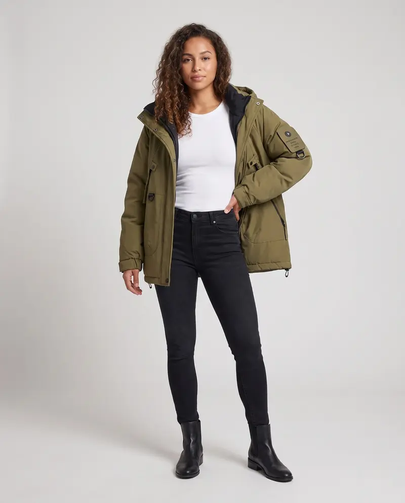 Damen Nan Kurz Oversized Gepolsterte Kapuzenjacke mit Arm-Tasche, Winddichte Membran und Reißverschluss-Taschen