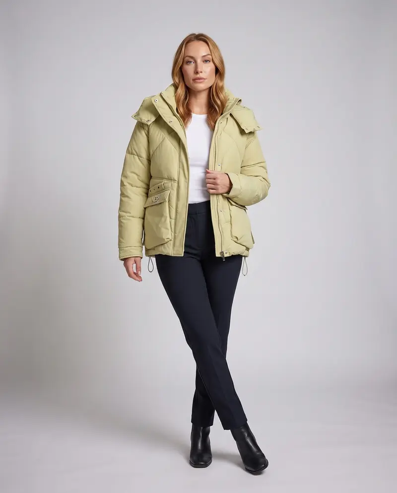 Damen Nan Kurz-Thermo-Parka mit übergroßer Kapuze, Klappentaschen und seitlichen Reißverschlussdetails
