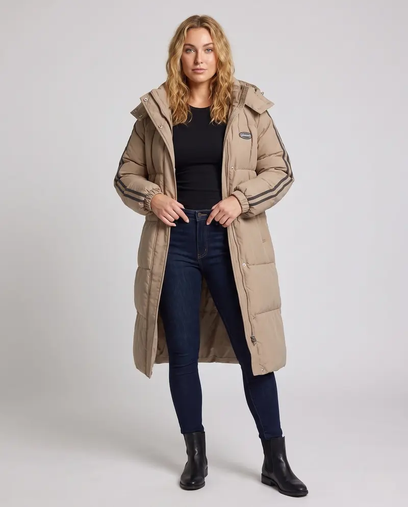 Damen nan längerer steppthermocoat mit hohem Stehkragen, Sportstreifen und integrierter Brusttasche