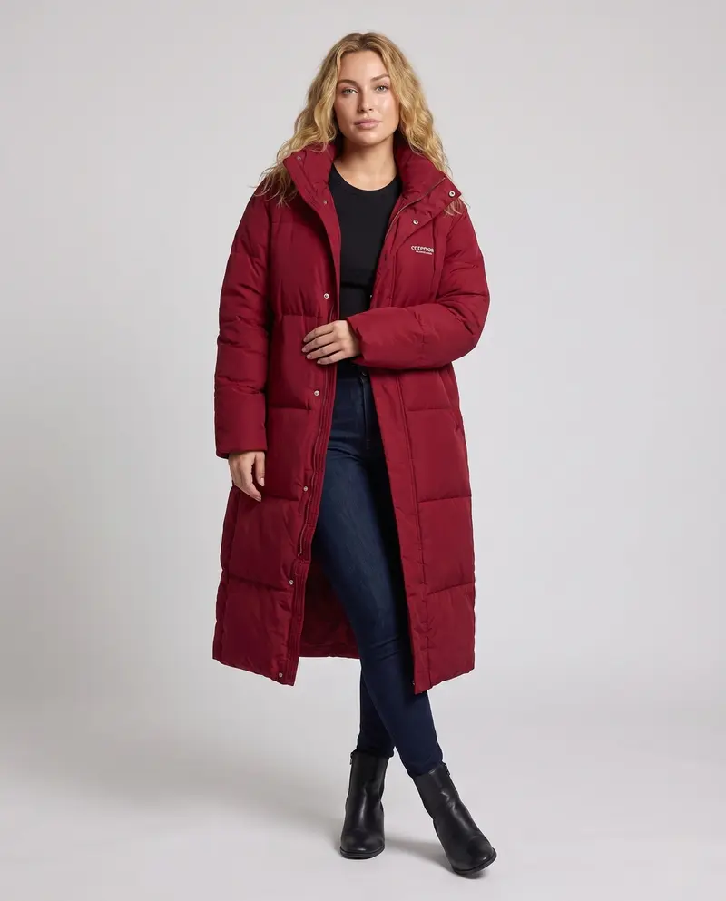 Damen nan längerer thermoisolierender kapuzengequilteter Mantel mit hohem Kragen und verlängertem Rückenbereich
