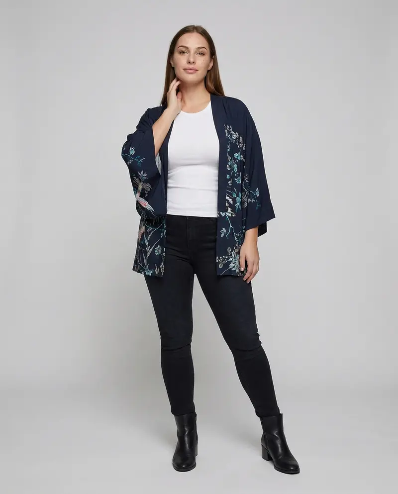 Damen nan leichte Kimono-Jacke mit floralem Allover-Druck, offener Vorderseite und weitem 3/4-Ärmel Drune
