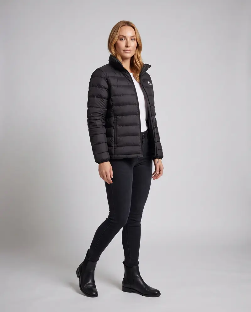 Damen nan leichte packbare kurze gesteppte Jacke mit hohem Stehkragen und aufgesetzten Taschen