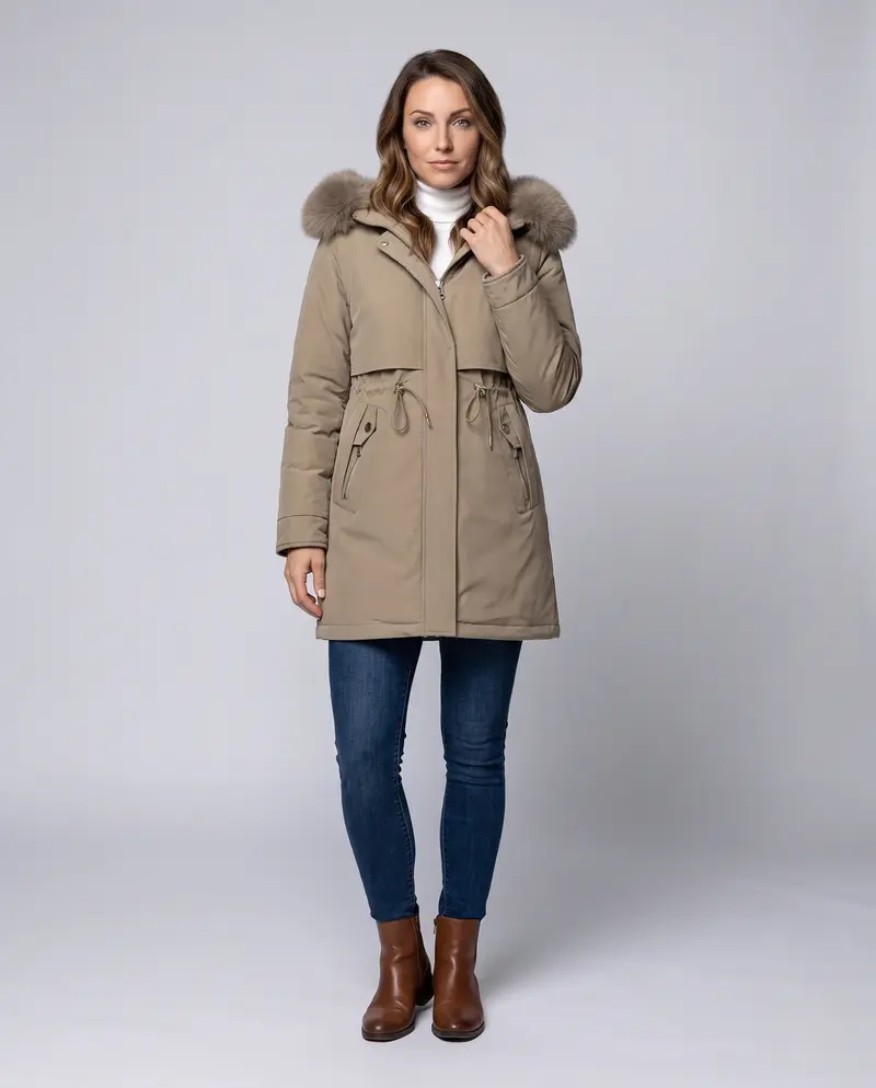 Damen Nan Thermo Parka mit voluminösem Kunstfellkragen, taillierendem Kordelzug und verdecktem Reißverschluss