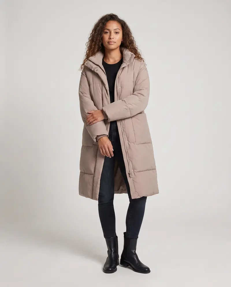 Damen Nano Extralang Gepolstert Komfort Puffer mit geräuschreduzierender Oberfläche, hohem Stehkragen und großzügiger Oversized Silhouette
