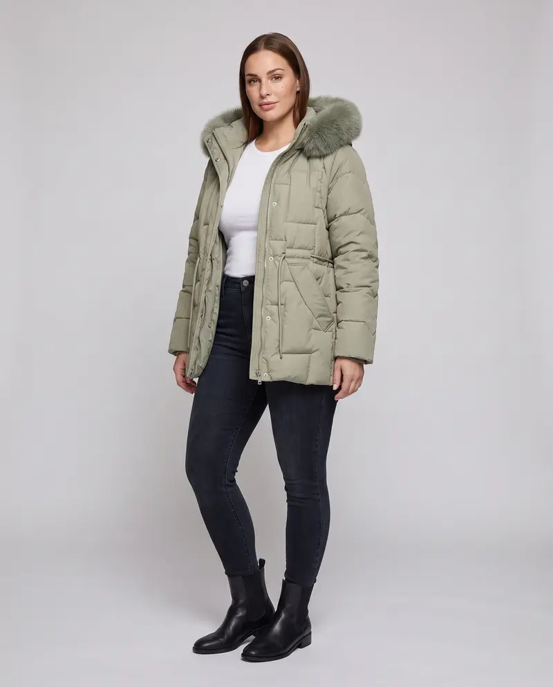 Damen Nano gepolsterter Parka mit abnehmbarem Kunstfellbesatz, verstellbarem Kordelzug in der Taille und thermischer Isolierungspolsterung