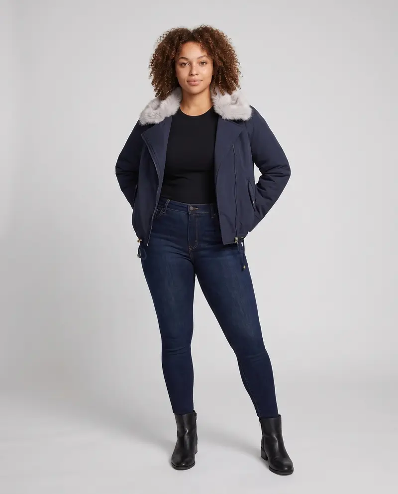 Damen Nano kurze gepolsterte Parkajacke mit voluminösem Kunstpelzkragen und verstellbarem Kordelzugbund