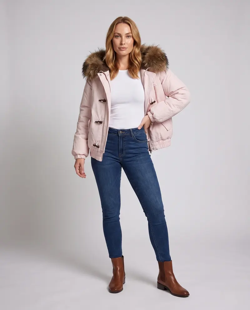 Damen Nano Short Thermo Bomber mit abnehmbarem Kunstfellkragen und Teddy-Hood-Futter