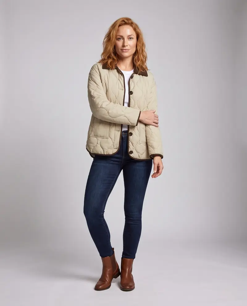 Damen nicht-gefütterte oversized gesteppte Jacke mit kontrastierenden Besätzen, großen Knöpfen und aufgesetzten Taschen