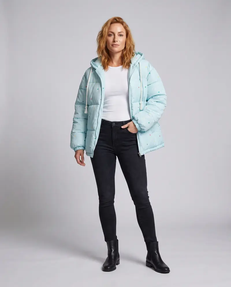 Damen nicht gesteppte oversized Pufferjacke mit bunten Punkt-Applikationen und Kapuze