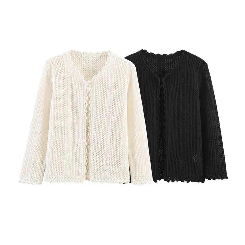 Damen Offener Häkel-Cardigan mit V-Ausschnitt und Wellenkante Drune