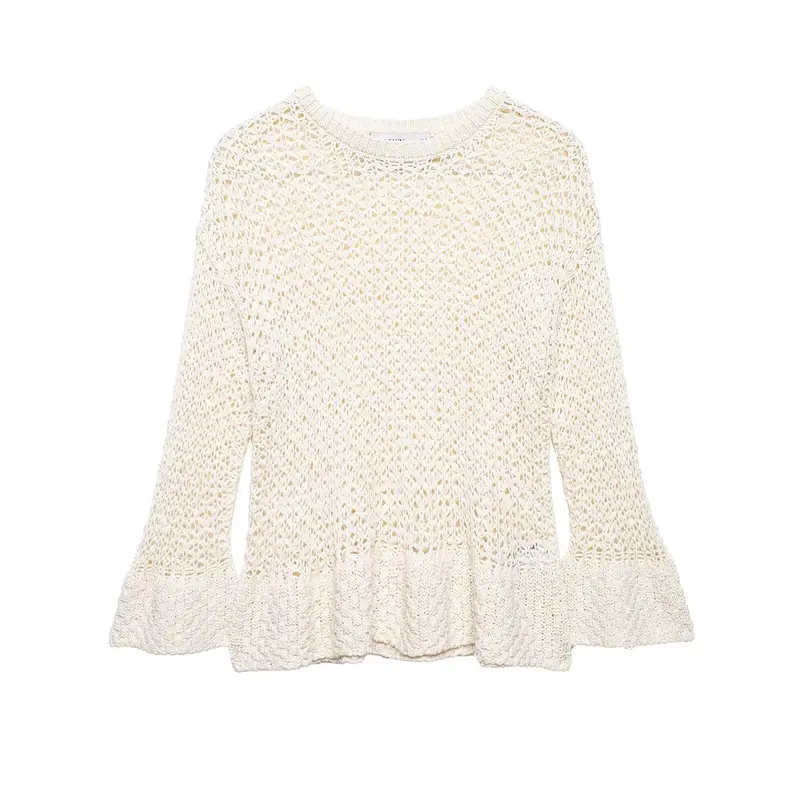 Damen Offener Häkelstrick-Pullover mit ausgestelltem Volant-Saum Drune
