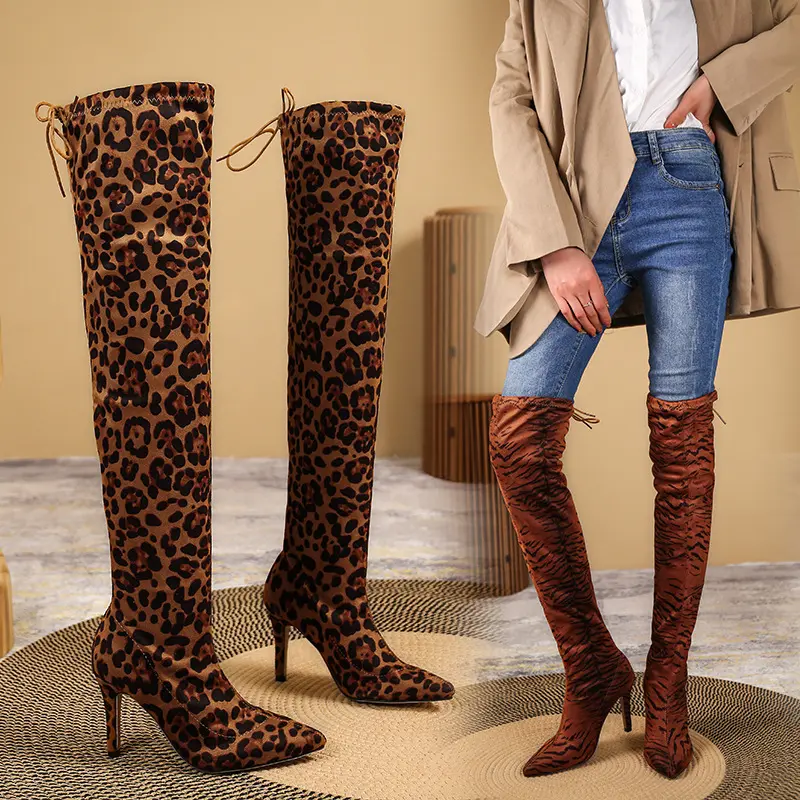Damen Overknee-Stiefel mit Leopardenprint, schlanker Stiletto‑Form Drune