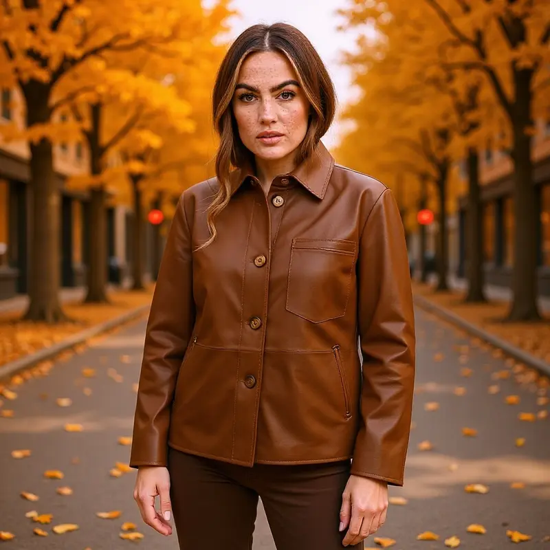 Damen Overshirt-Jacke in Lederoptik mit aufgesetzter Brusttasche und verdeckter Knopfleiste Drune