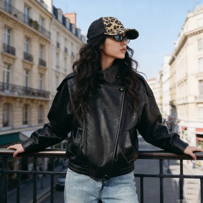 Damen Oversize Bikerjacke aus Kunstleder mit Stehkragen und Schulterklappen Drune