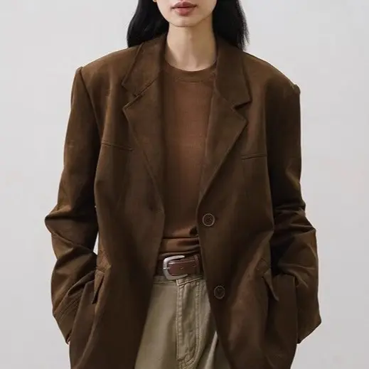 Damen Oversize Blazer in Velourslederoptik mit strukturierter Schulter und Zwei-Knopf-Verschluss Drune