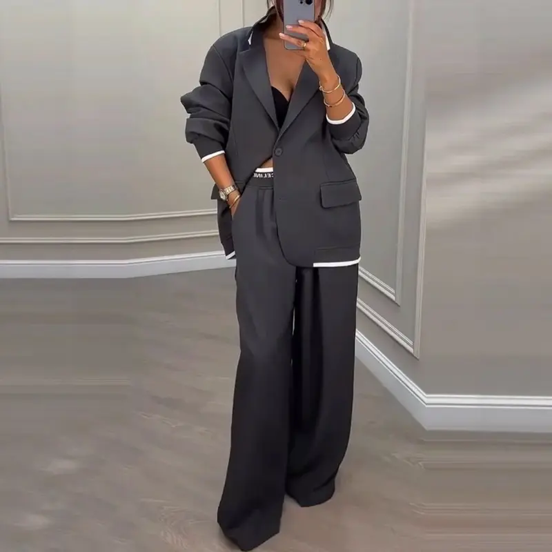 Damen Oversize-Blazer mit Kontrastbesatz und High‑Waist Palazzo‑Hose Zweiteiler Drune
