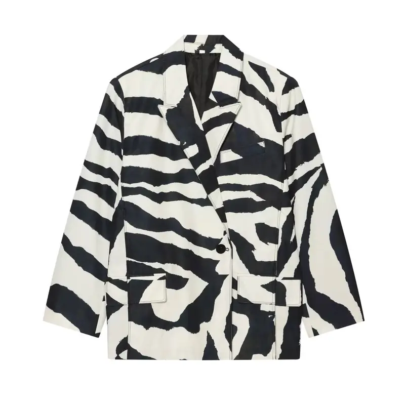 Damen Oversize-Blazer mit Zebra-Print, fallendem Revers und Pattentaschen Drune