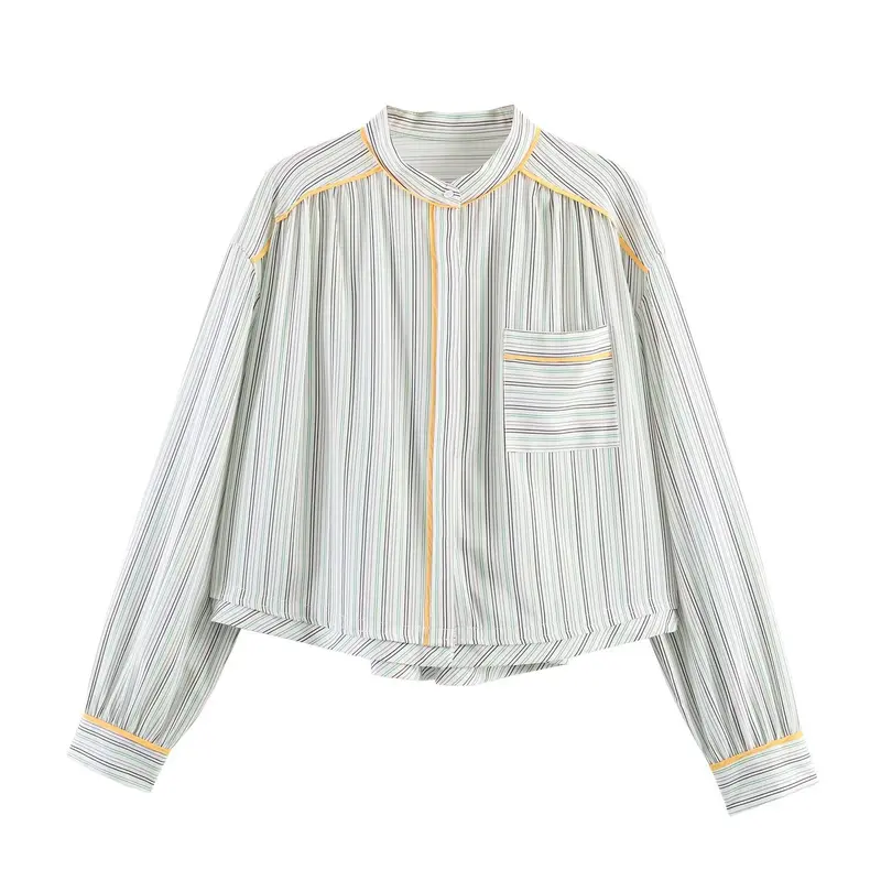 Damen Oversize-Bluse im Cropped-Schnitt mit Stehkragen, feinem Streifenmuster und Kontrastpaspel Drune