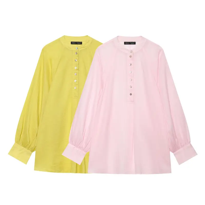 Damen Oversize-Bluse mit Stehkragen, durchgehender Knopfleiste und ballonärmeln Drune