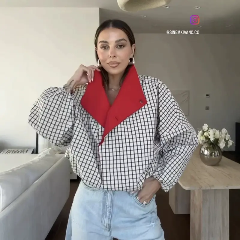 Damen Oversize-Bluse mit Stehkragen, karierter Optik und Ballonärmeln Drune