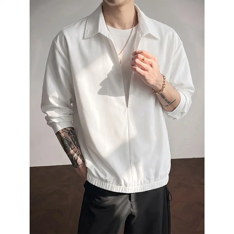 Damen Oversize-Bluse mit tiefem V-Ausschnitt, Hemdkragen und elastischem Saum Drune