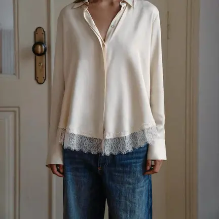 Damen Oversize-Bluse mit verdeckter Knopfleiste und Spitzenabschluss Drune