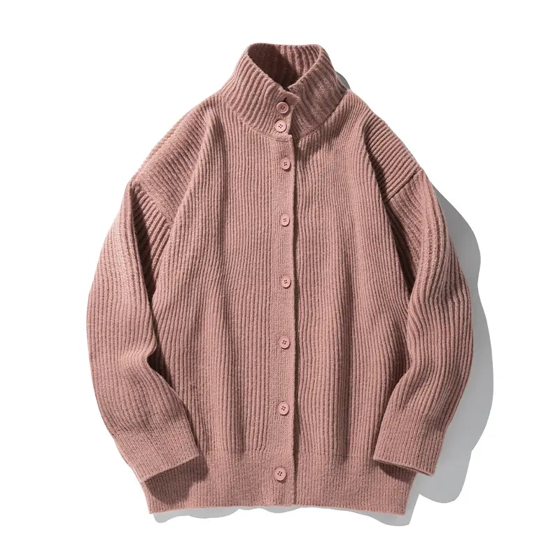 Damen Oversize Cardigan aus feinem Rippstrick mit hohem Rollkragen und durchgehender Knopfleiste Drune