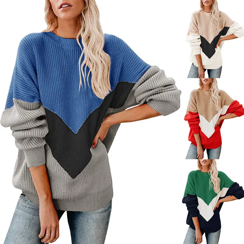 Damen Oversize-Colorblock-Pullover mit V‑Intarsie, Rippbündchen und Strukturstrick Drune