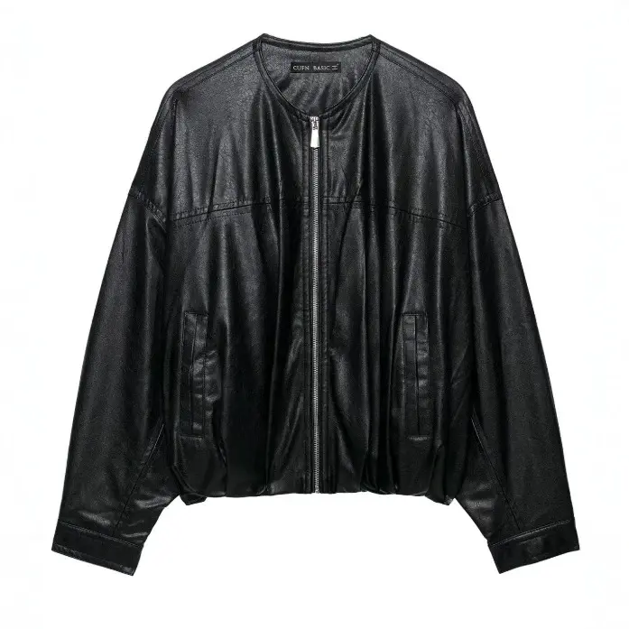 Damen Oversize Cropped Kunstleder‑Bomberjacke mit Rundhalsausschnitt und elastischem Saum Drune