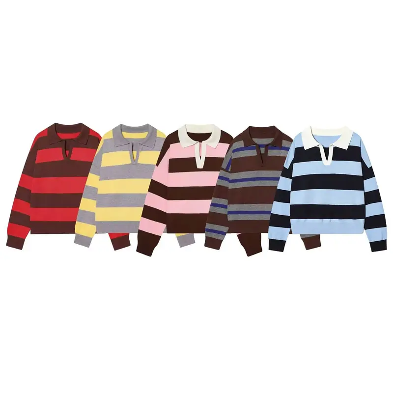 Damen Oversize Cropped Rugby-Pullover mit Polokragen und V‑Ausschnitt Drune