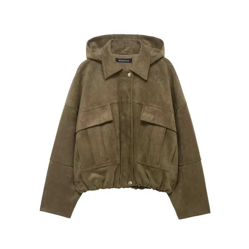 Damen Oversize-Cropped Wildlederoptik-Jacke mit Kapuze und aufgesetzten Pattentaschen Drune