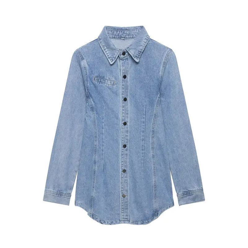 Damen Oversize Denim-Hemdjacke mit taillierten Abnähern und Druckknöpfen Drune