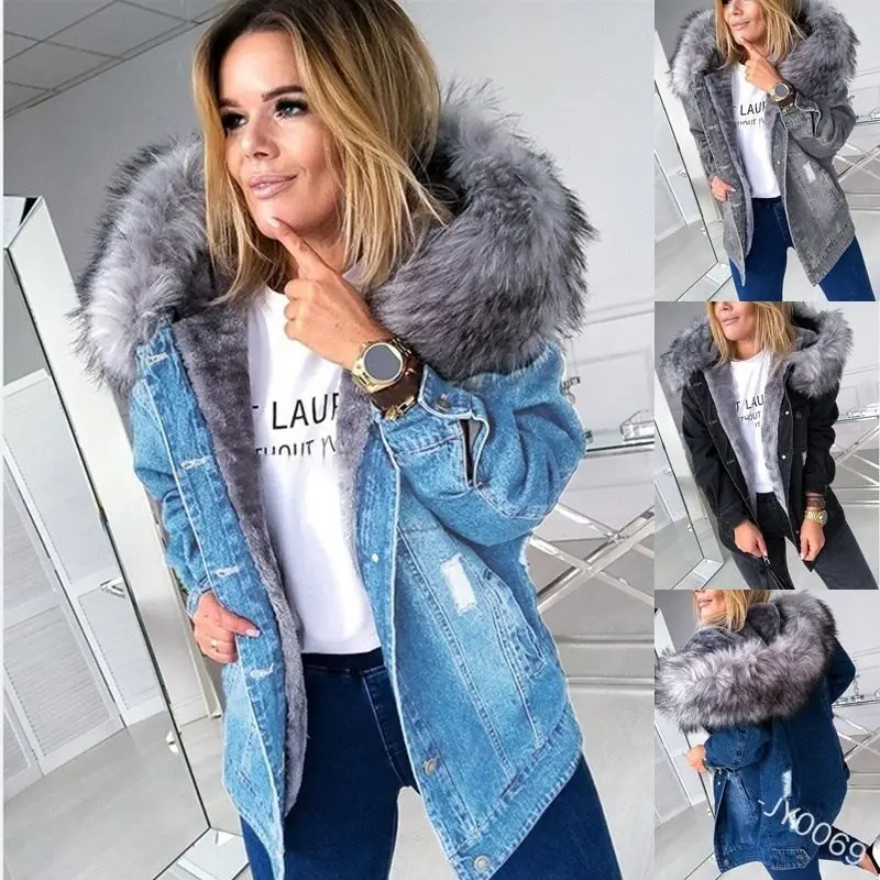 Damen Oversize Denim-Parka mit abnehmbarem Kunstpelzkragen und Used-Effekt Drune