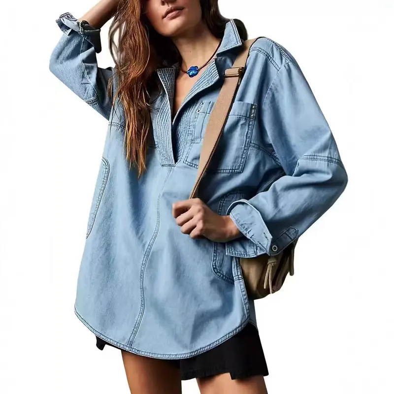 Damen Oversize-Denim-Tunika mit Henley-Ausschnitt und Kängurutasche Drune