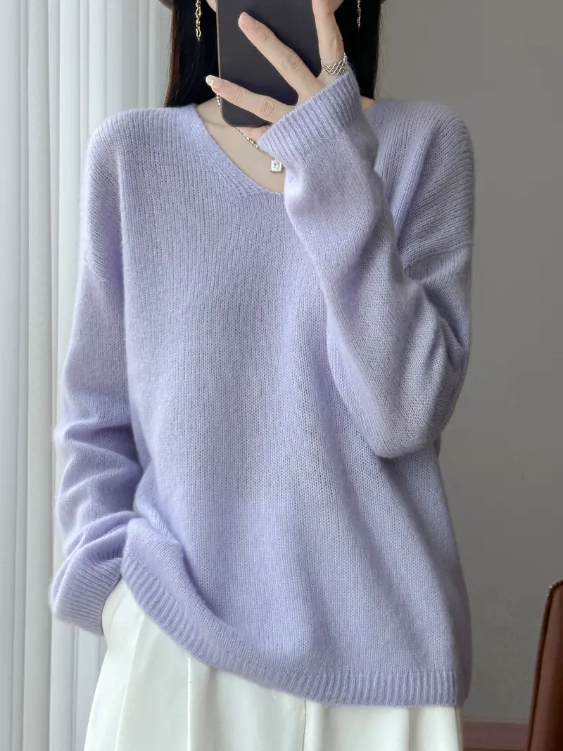 Damen Oversize-Feinstrickpullover mit feinem V-Ausschnitt und verlängertem Ärmelabschlusst Drune
